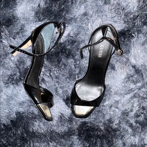 GUESS Black Patent Open-Toe Ankle Strap Heels with Square Toe